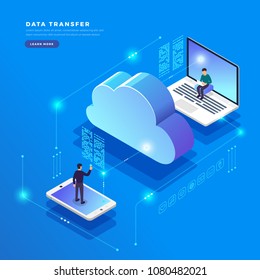 Isometric Flat Design Concept Cloud Technology Data Transfer And Storage. Connecting Information. Vector Illustrations.