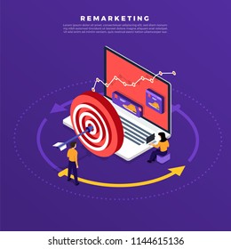 Isometric Flat Design Concept Digital Marketing Retargeting Or Remarketing. Online Banner Ad Network. Vector Illustrations.