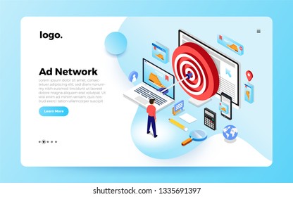 Isometric Flat Design Concept Digital Marketing Retargeting Or Remarketing. Online Banner Ad Network. Website Landing Page Mockup. Vector Illustrations.