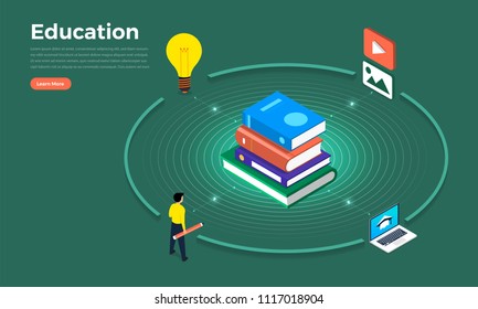 Isometric flat design concept education with books tools and element. Vector illustrations.