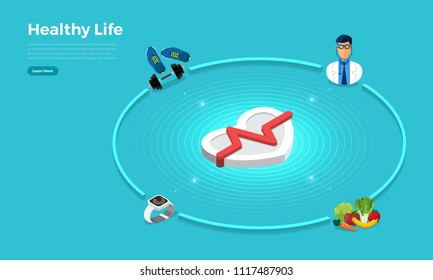 Isometric flat design concept healthy tools. Vector illustrations.