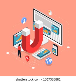 Isometric flat design concept inbound marketing. digital business solution for grab attention online consumer to finish conversion. Vector illustrate.