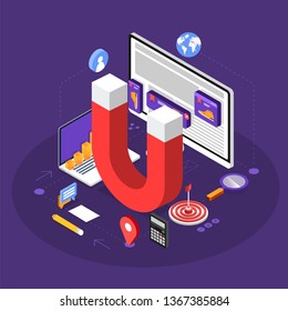 Isometric flat design concept inbound marketing. digital business solution for grab attention online consumer to finish conversion. Vector illustrate.