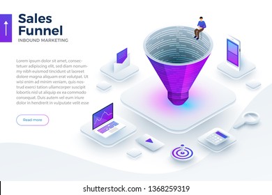 Isometric flat design concept inbound marketing. digital business solution for grab attention online consumer to finish conversion. Vector illustrate.