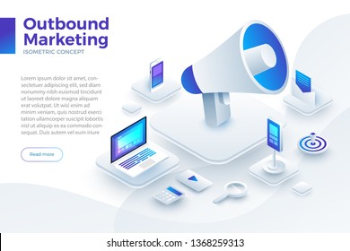 Isometric flat design concept outbound marketing. digital business solution for grab attention online consumer to finish conversion. Vector illustrate.