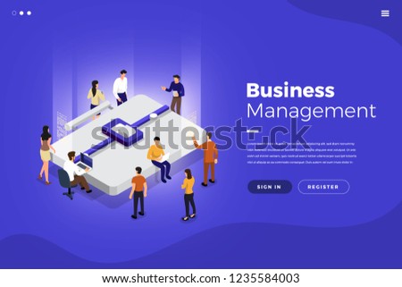 Isometric flat design concept teamwork working business management tools and element. Vector illustrations.