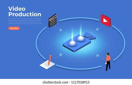 Isometric flat design concept video production tools and element. Vector illustrations.