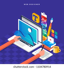 Isometric flat design concept web designer. Vector illustration. Website layout design.