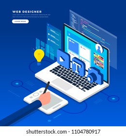 Isometric flat design concept web designer. Vector illustration. Website layout design.