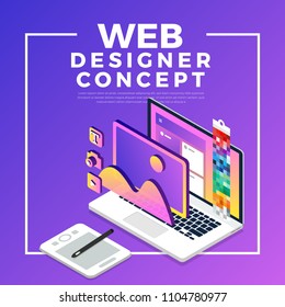 Isometric flat design concept web designer. Vector illustration. Website layout design.