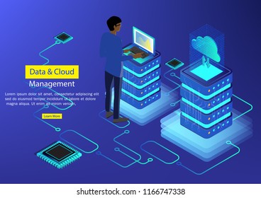 Isometric flat design concepts Cloud storage. Header for website with Computer. Analysis data cloud and Investment,Digital marketing.Financial review with laptop and infographic elements.