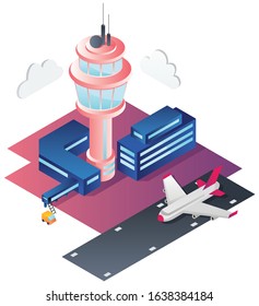 Isometric flat design illustration of an airport isolated on white background.