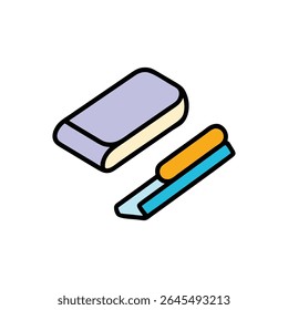 Isometric flat design illustration of an eraser and knife on black. Clean and modern style with vibrant colors.
