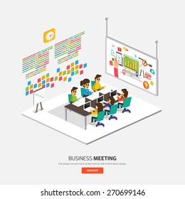 Isometric flat design on table business  concept "Meeting" show process. Vector illustrate.