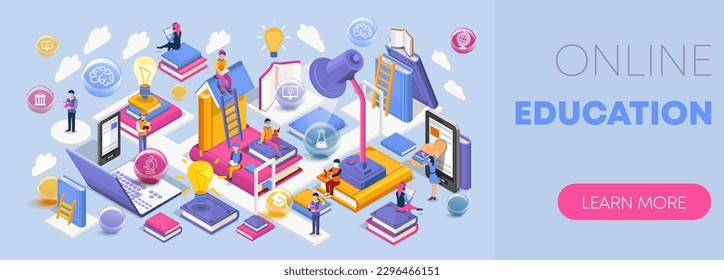 Isometric flat design for online education. Modern vector graphics for e-learning platforms, websites, and apps. The concept of reading books.
