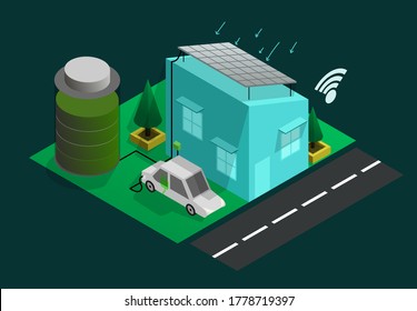 Isometric flat design - smart home concept building technology smart, remote modern parking in home charge car