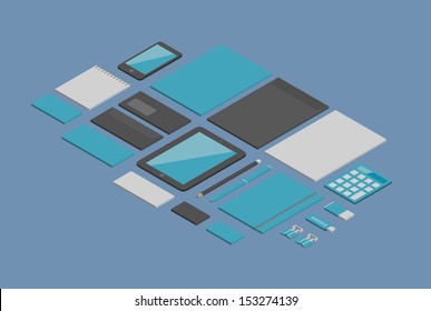 Isometric flat design stylish vector set of corporate identity for branding design with a variety of blank office stuff and objects.  Isolated on blue background
