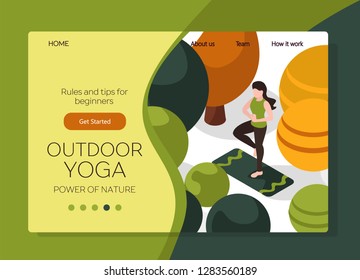 Isometric flat design template. Outdoor yoga in town park or forest. Woman in asana on white background. Green and yellow trees