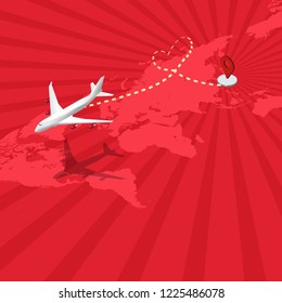 Isometric flat design travel the world transportation airplane drawing a heart shape ant path flying from Japan