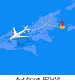 Isometric flat design travel the world transportation airplane drawing a heart shape ant path flying from Asia