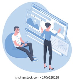 Isometric flat design vector concept of web development, programmer engineering and coding website application. Young man and woman developers project engineers programming application design.