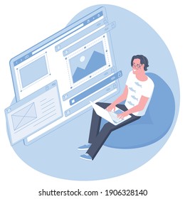 Concepto vectorial de diseño plano isométrico del desarrollo web, ingeniería programadora y aplicación web de codificación. Diseño de aplicaciones de programación de proyectos de desarrollador joven.
