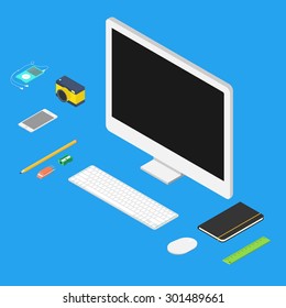 isometric flat design vector illustration of office workspace