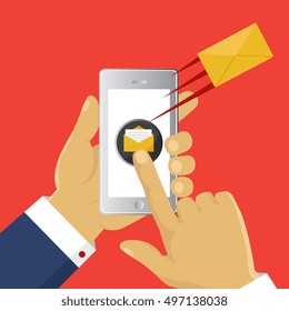 Isometric flat design, vector illustration. Mobile messenger chat, hands with smartphone sending a message. 