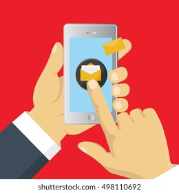 Isometric flat design, vector illustration. Mobile messenger chat, hands with smartphone sending a message. 