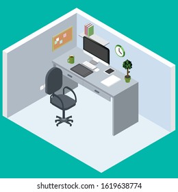 Isometric flat design workspace office illustration. Workspace concept with devices. Tablet, desktop computer, cup of coffee, a Board for pins, Isometric 3d vector illustration.