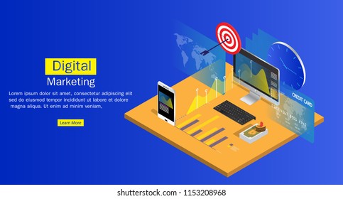 Isometric flat design.Concept business strategy. Analysis data and Investment,Digital marketing.Financial review with laptop and infographic elements.