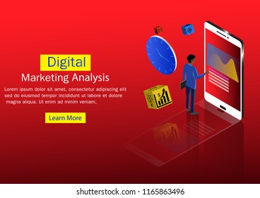 Isometric flat design.Concept business strategy. Analysis data and Investment,Digital marketing.Financial review with laptop and infographic elements.