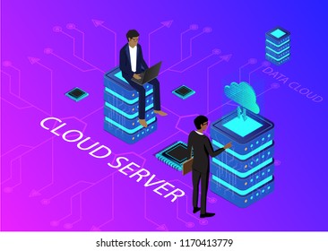 Isometric flat design.Concept business strategy. Analysis data cloud and Investment,Digital marketing.Financial review with laptop and infographic elements.