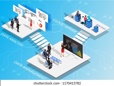 Diseño plano isométrico.Concepto estrategia empresarial. Nube e inversión de datos de análisis, marketing digital