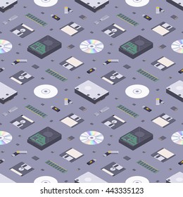 Isometric flat digital memory storages seamless pattern against the dark-purple background