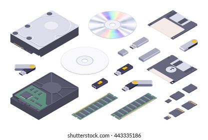 Isometric flat digital memory storages set. The objects are isolated against the white background and shown from two sides