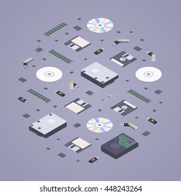 Isometric flat digital memory storages against the purple background. 3D isometric flat vector concept illustration