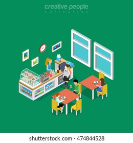 Isometric flat eatery, canteen, cafe or dining room interior in school, college or university vector illustration. Food and drink 3d isometry concept. Coffee, snack donuts, desserts and lemonade.