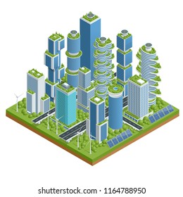 Isometric flat Eco-architecture. Green skyscraper building with plants growing on the facade. Ecology and green living in city, urban environment concept.