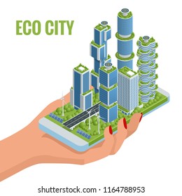 Isometric flat Eco-architecture. Green skyscraper building with plants growing on the facade in the phone. Ecology and green living in city, urban environment concept.