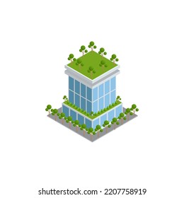 Isometric flat Eco-architecture. Green skyscraper building with plants growing on the facade. Ecology and green living in city, urban environment concept..