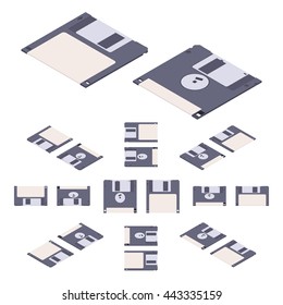 Isometric flat floppy disk, diskette. The objects are isolated against the white background and shown from different sides