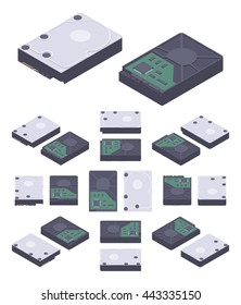 Isometric flat hdd, hard drive disk. The objects are isolated against the white background and shown from different sides