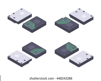 Isometric flat hdd, hard drive disk. The objects are isolated against the white background and shown from different sides