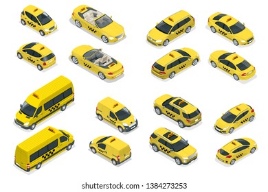 Isometric flat high quality city service transport icon set. Car taxi. Build your own world web infographic collection. Taxi branding mockup.