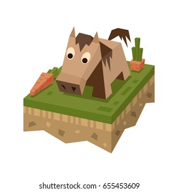 Isometric flat horse on the tile of ground with grass and carrot. Geometric animal in isometry. Vector illustration 3d farm land or soil tile.