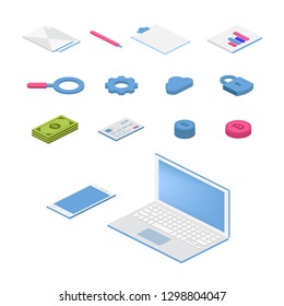 Isometric flat icon set. 3d vector colorful illustration with SEO symbols. Digital network, analytics, social media and market colorful pictogram Isolated on white