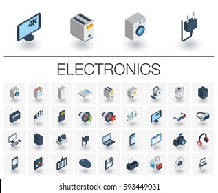 Isometric flat icon set. 3d vector colorful illustration with electronics, multimedia and technology symbols. Music, film, phones, joystick, video, kitchen gadgets colorful pictogram Isolated on white