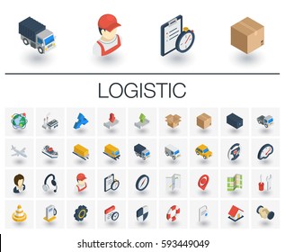 Isometric flat icon set. 3d vector colorful illustration with Logistic, delivery business, distribution symbols. Service, export, shipping, transport colorful pictogram Isolated on white