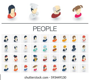 Isometric flat icon set. 3d vector colorful illustration with people avatars symbols. Social media user profile, profession, manager, doctor, cook, old man, artist colorful pictogram Isolated on white